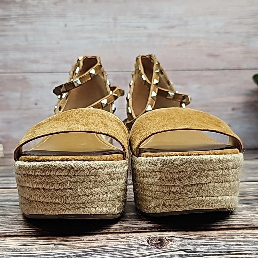 MARC FISHER JAZLYN BROWN SUEDE STUDED WEDGE ESPADRILLES